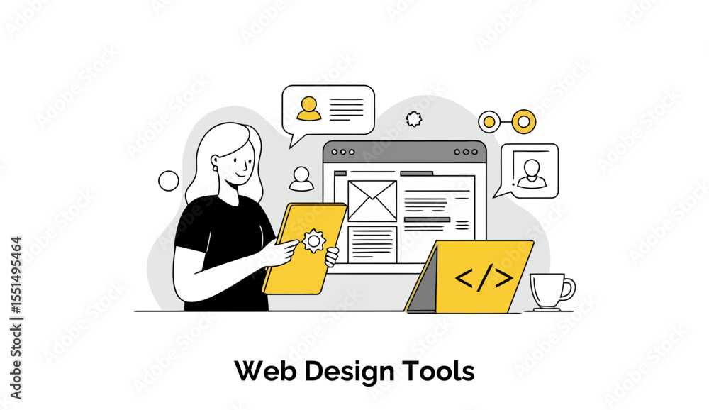 Poster a young woman in a black t-shirt interacts with web design tools on a tablet and computer screen. sh