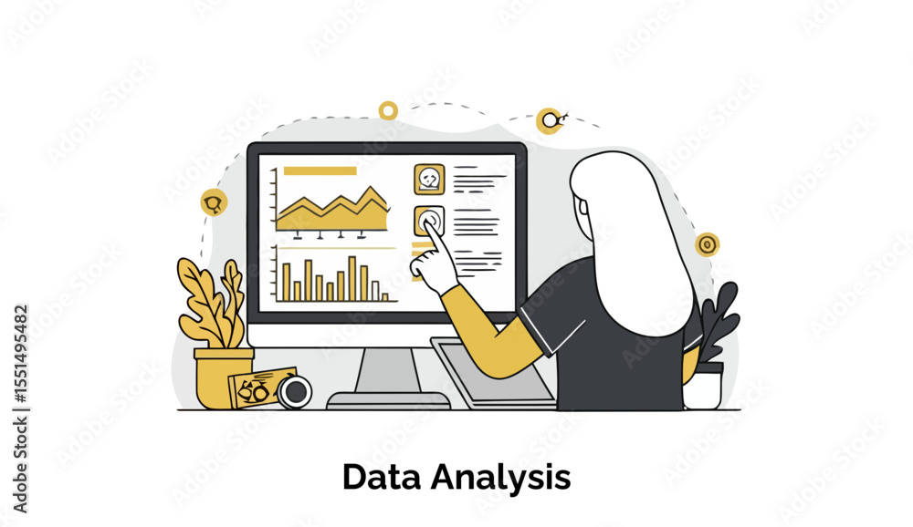 Poster female data analyst reviewing financial reports on a computer in an office setting. focused on data 
