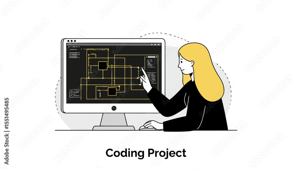 Poster a young woman in a black business suit interacts with a computer screen displaying coding project el