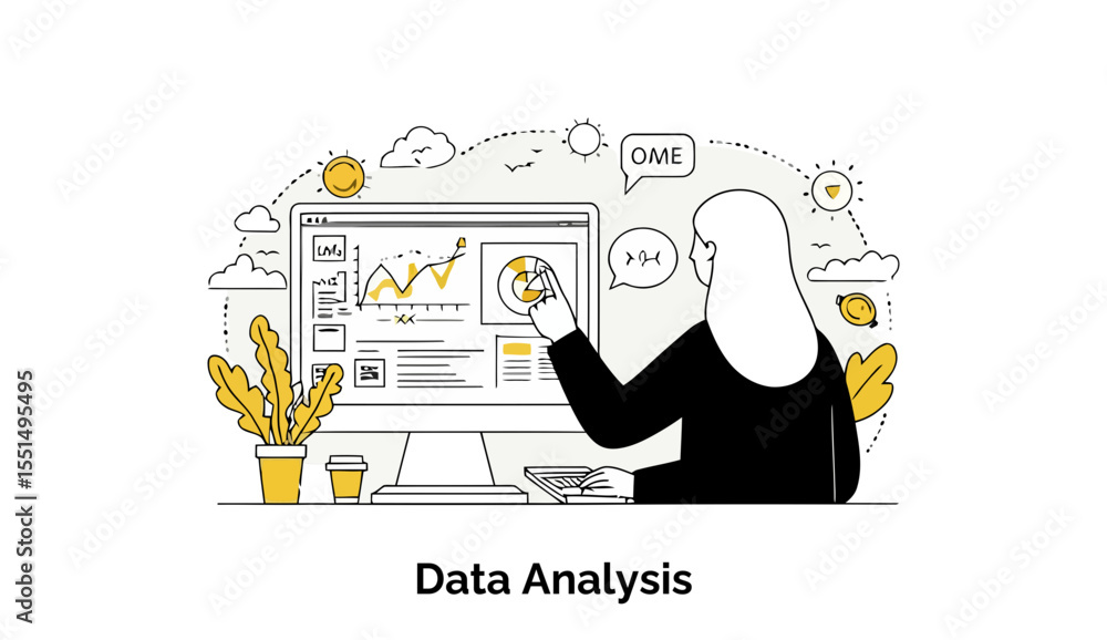 Poster female data analyst in business attire interacting with data on a computer screen in a modern office
