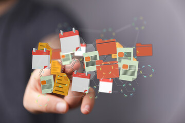 A hand interacts with digital files, calendars, and folders, showcasing efficient data management.