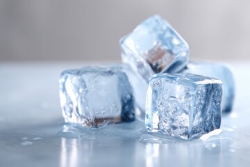 Ice cubes melting on white surface