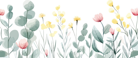 A beautiful spring meadow bursts with yellow and orange tulips and other vibrant flowers, basking in the sun