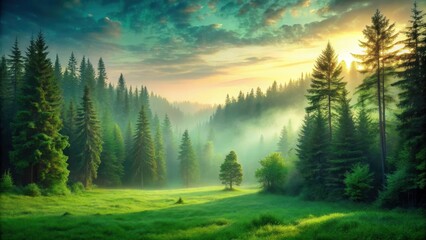 Fototapeta premium Soft green glow illuminates a serene forest landscape at dusk, sunset, trees