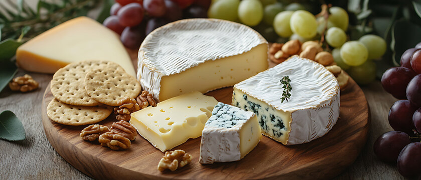 Assorted Cheeses with Crackers, Nuts, and Grapes on a Wooden Board
