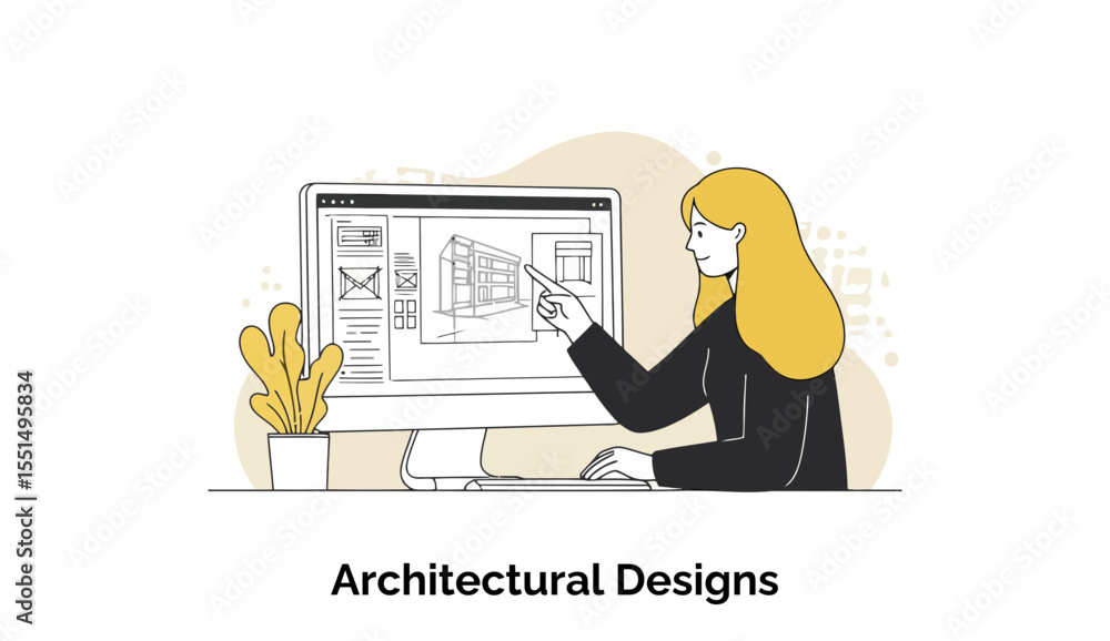 Poster female architect reviewing building plans on computer in office setting. examining architectural des