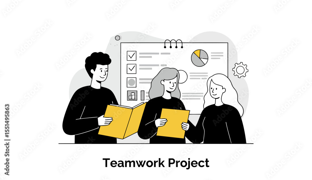 Poster young adults in casual attire collaborating on a project, reviewing documents and data displayed on 