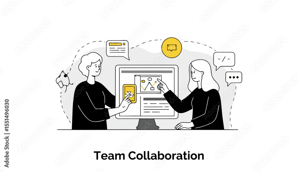 Poster two young professionals in black sweaters collaborate on a computer screen, interacting with data di