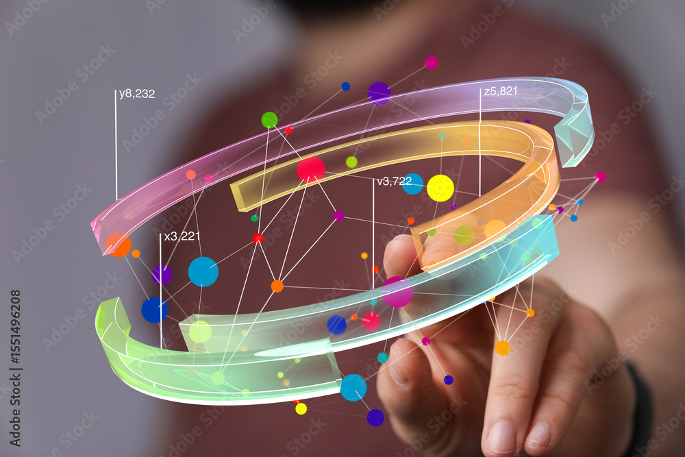 Poster Abstract image of a hand interacting with a vibrant 3D data visualization. Perfect for technology, analytics, and business concepts.
