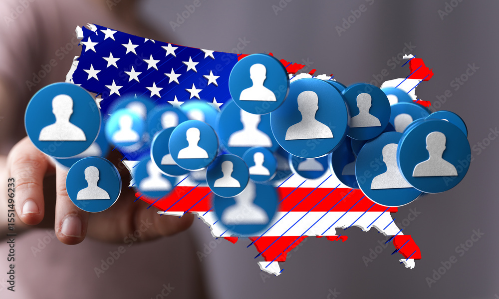 Poster Visual representation of the US population using digital icons.  Ideal for demographic data, census, or social media graphics.