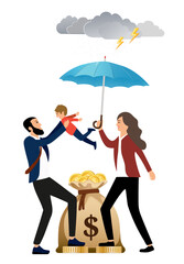 Family protecting wealth from financial storms with umbrella. Concept for insurance, savings, financial security, risk management, safety and protection.