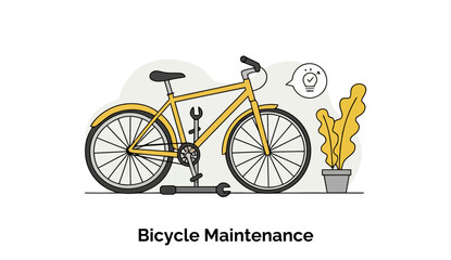 Yellow bicycle with tools, ready for maintenance in a home setting. Simple illustration of bicycle maintenance, ready for repairs. General public or amateur cyclist. home workshop.