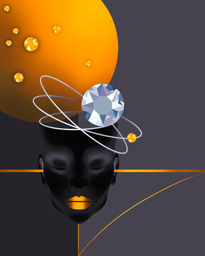 Abstract digital art of a woman's face with cosmic elements and a diamond orbiting on a black background