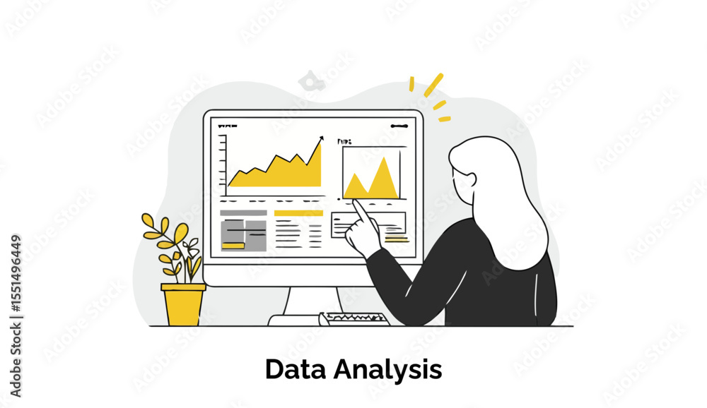 Poster female professional reviewing data analysis on computer screen in office setting. analyzing charts a