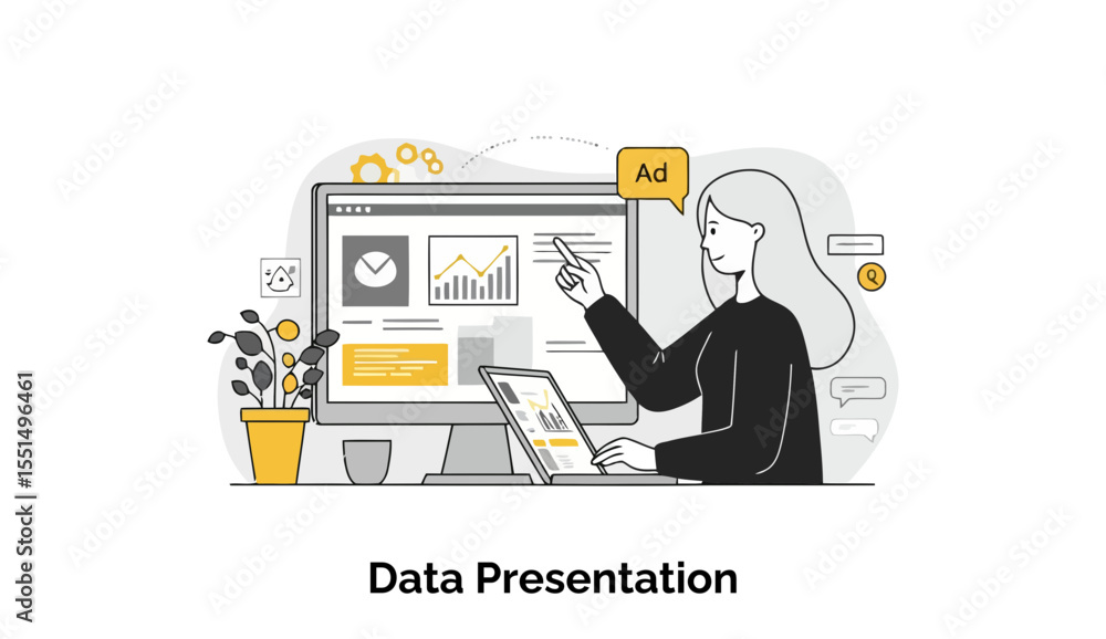 Poster young woman in casual office attire presenting data on a computer screen with graphs and charts. sho