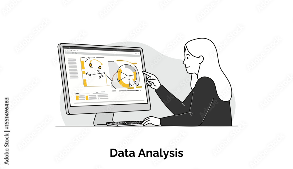 Poster female data analyst in business attire reviewing data on a computer screen. side view of a woman in 
