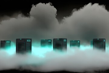 Futuristic server farm in a cloud.  Dark, smoky clouds encircle rows of dark server cabinets that glow with a teal/cyan light