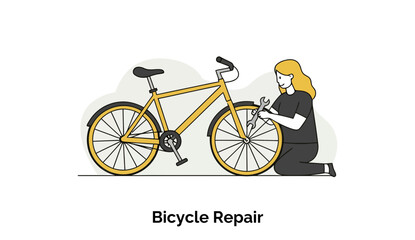 A young woman in casual clothing repairs a yellow bicycle, kneeling beside it with tools in hand. A woman repairing a bicycle outdoors.