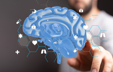 3D brain model with medical icons.  Concepts: health,  neurology, AI, science.