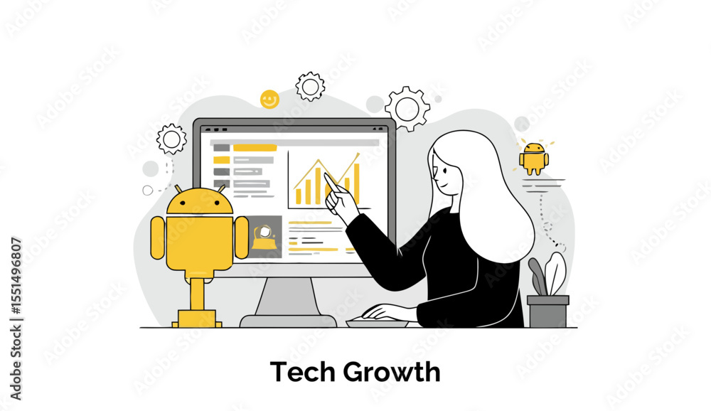 Poster female tech professional in business attire presenting tech growth data on a computer screen with an