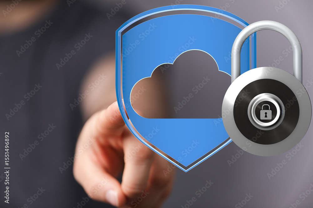 Poster Image of a hand interacting with a digital shield and lock, representing secure cloud data.