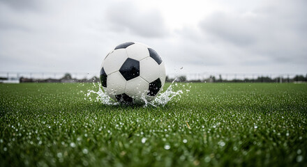 Fototapeta premium Soccer Ball Splashing on Wet Grass in Outdoor Field 