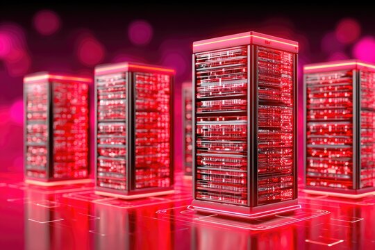 Red server racks in a data center.  Glowing red light highlights the equipment.  Abstract bokeh effect in background