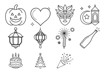 Collection of festive celebration icons including Halloween pumpkin heart mask and lanterns