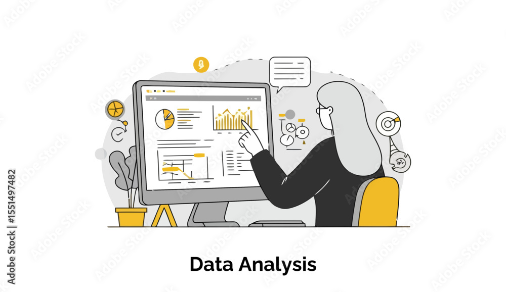 Poster a female data analyst in a business setting, pointing at a computer screen with data visualizations.