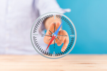 SEO-friendly image of a hand pointing at a compass, ideal for business, strategy, and direction...