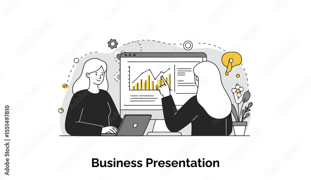 Poster female colleagues presenting business data on a monitor in a meeting room setting. two women, wearin