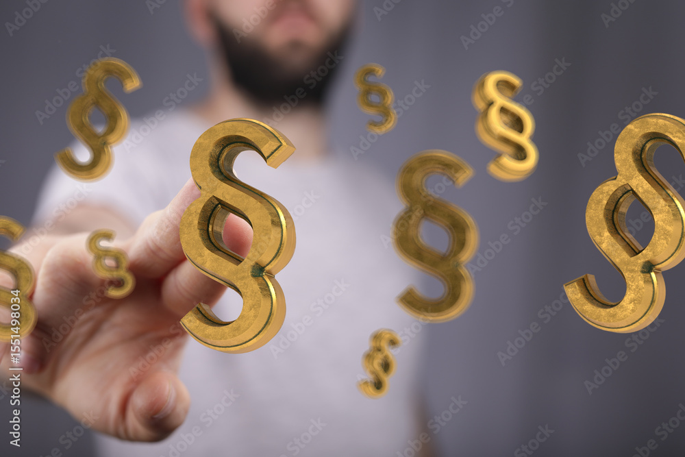 Poster Abstract image of a man interacting with floating paragraph symbols, representing legal concepts or digital law.