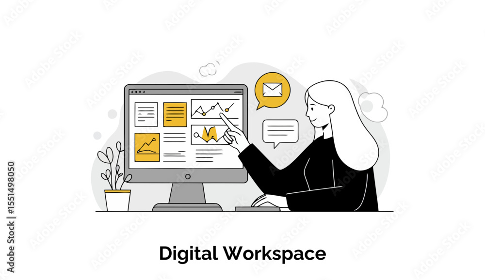 Poster a young woman in a business suit interacts with a computer screen displaying data dashboards. she po