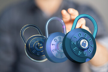 Secure your data with strong passwords and encryption.  Image depicts combination locks.