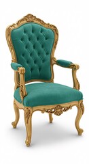 Fototapeta premium Antique Louis XV Style Armchair with Teal Velvet and Gold Carved Frame – Multiple Angles Isolated on White