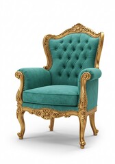Antique Louis XV Style Armchair with Teal Velvet and Gold Carved Frame – Multiple Angles Isolated on White
