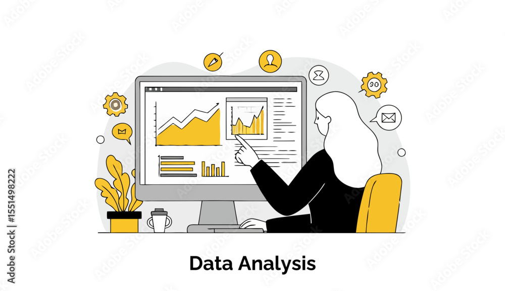 Poster female data analyst reviewing business data on computer screen in modern office setting. woman point