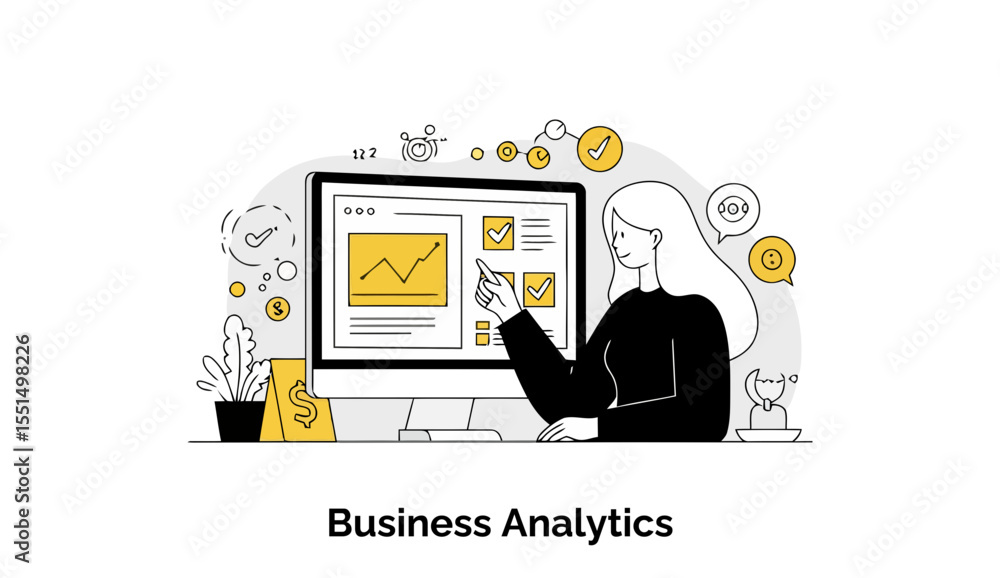 Poster young female business analyst reviewing data on a computer screen in an office setting. presenting b