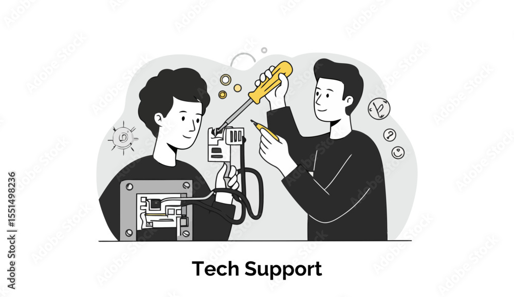 Poster two young adults in casual wear working together on a device in a tech support setting. concentrated