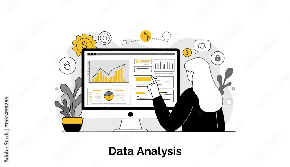 Poster female data analyst reviewing data on a computer screen in a modern office setting. focused on dashb