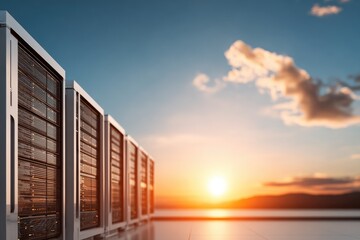 Server racks in a data center at sunset.  Modern, metallic server cabinets line up against a tranquil backdrop of a beautiful golden sunset over a calm body of water and distant mountains