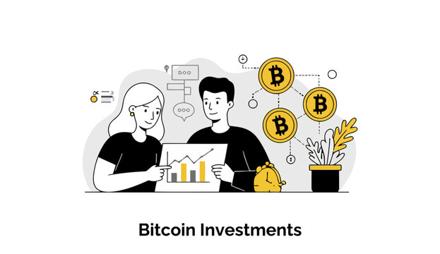 Young adults in casual attire reviewing Bitcoin investment charts in a modern office setting. Two colleagues analyzing financial data with Bitcoin symbols in the background.