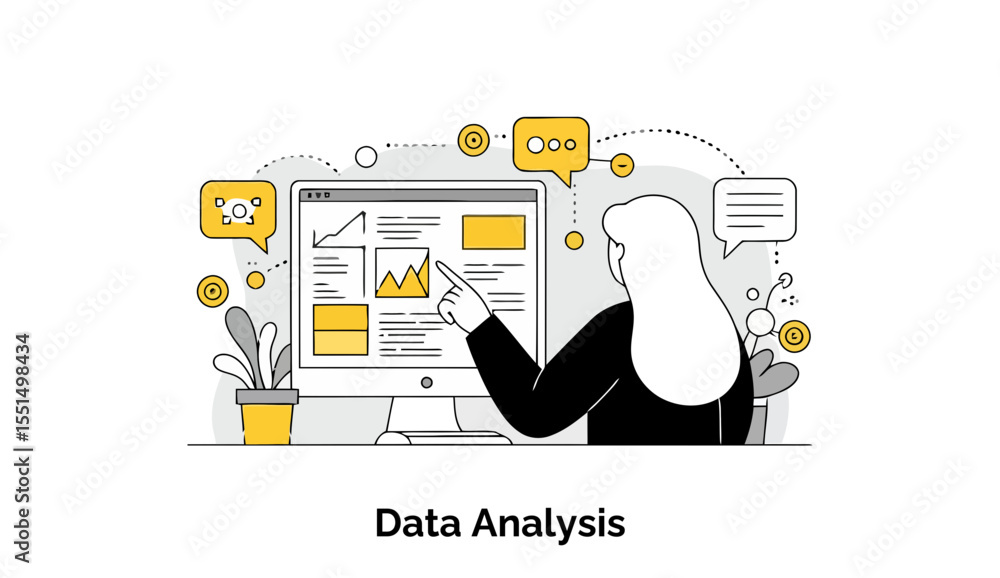 Aufkleber female data analyst in business attire interacting with a computer screen displaying data analysis c
