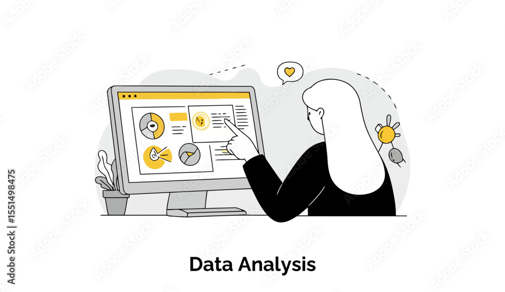 Poster a young woman in business attire analyzes data on a computer screen, pointing at a specific data poi