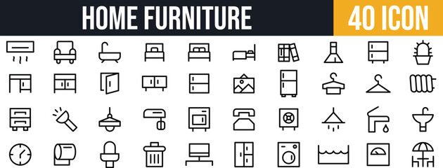 Home Furniture & Interior Icons set. Room, Storage, Bathroom, Lighting, and Decor icon pack.