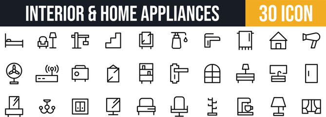 Interior Design & Household Appliances Icons set. Home, Furniture, and Smart Home Line Icons set.