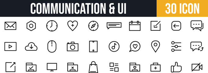 Modern UI & Social Media Icon Set. Communication, Media, Files, and interface line icon set.