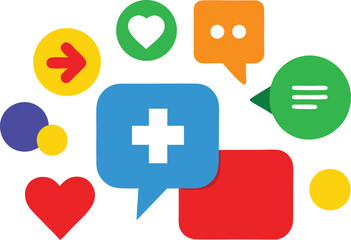 Collection of colorful communication and medical icons isolated on transparent background silhouette