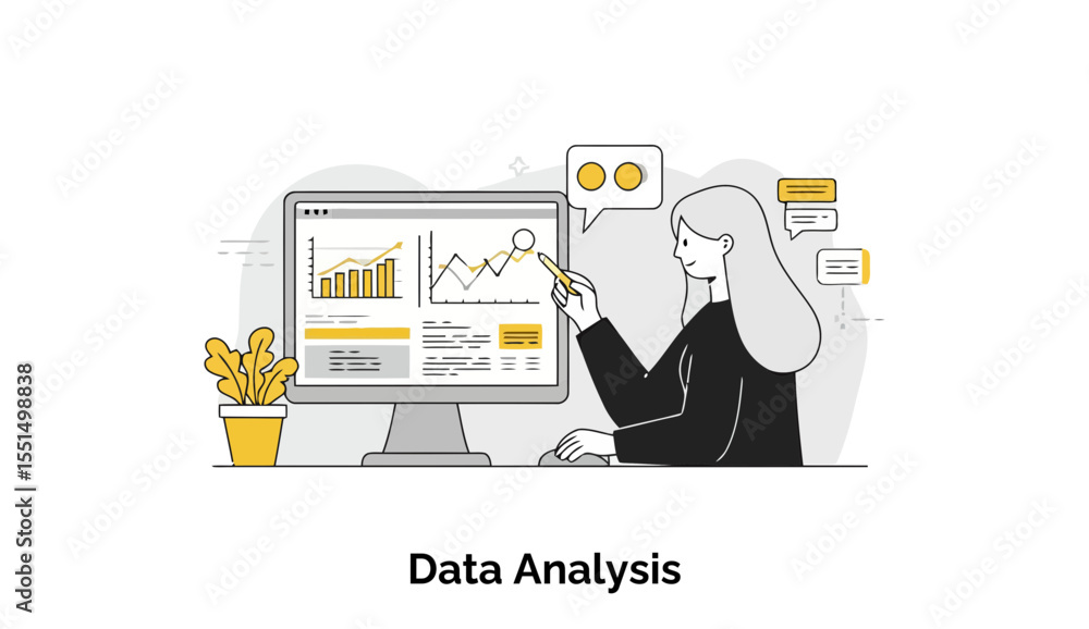 Poster young woman in business attire analyzing data on a computer screen in an office setting. she points 