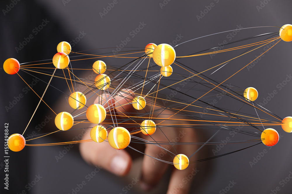 Poster Intricate network visualization.  Connecting nodes represent global communication and data flow.